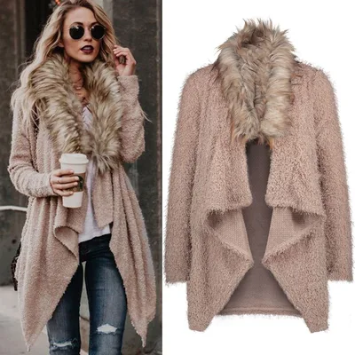 Fur collar cardigan plush trench coat Khaki - Shop at LoveMi