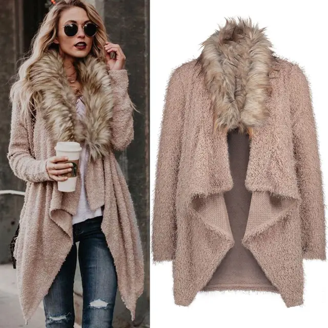 Fur collar cardigan plush trench coat Khaki - Shop at LoveMi