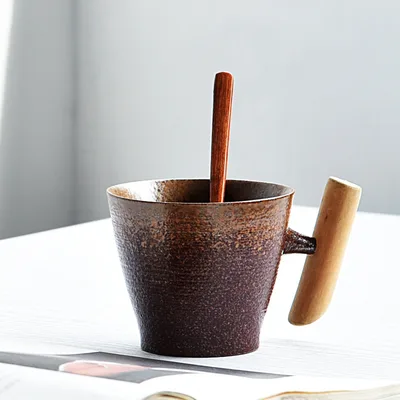 Handmade coarse pottery mug with spoon Fine Gold Glaze - Shop at LoveMi
