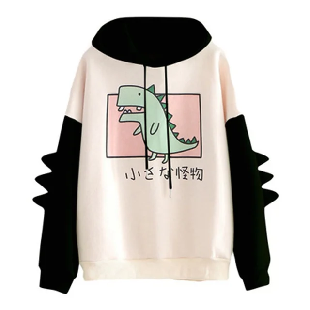 Dinosaur Print Hooded Drawstring Loose Plus Velvet Sweater Women Black - Shop at LoveMi