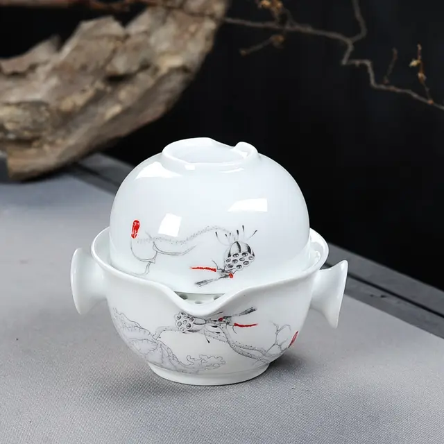 White Porcelain Quick off Cup Portable Travel Tea Set Lotus - Shop at LoveMi