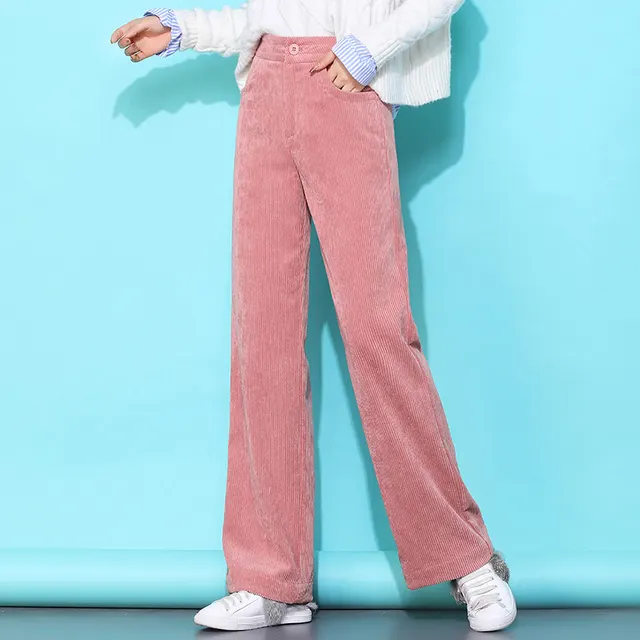 Loose Casual Corduroy High Waist Wide Leg Pants Pink - Shop at LoveMi