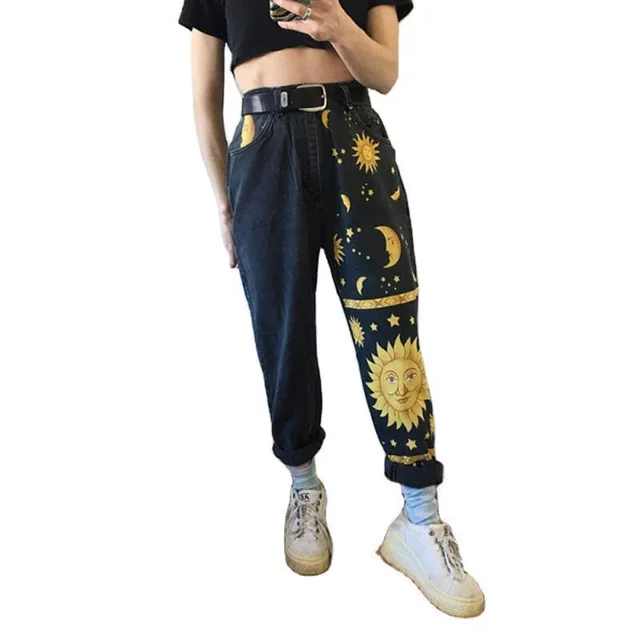 Digital printed straight leg pants hipster trousers jeans Black - Shop at LoveMi