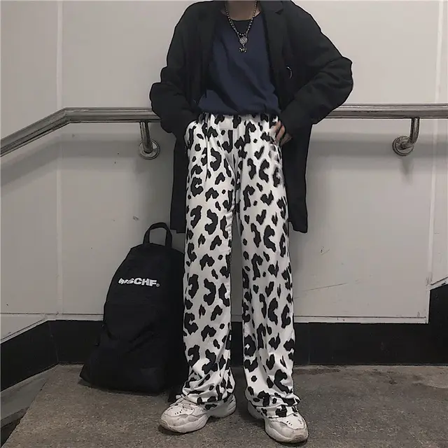 Cow elastic waist casual pants wide leg pants Black And White - Shop at LoveMi