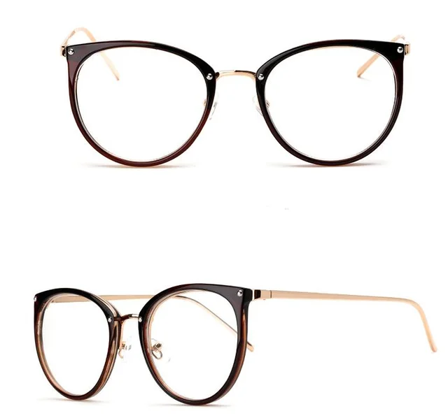 Gold wire round glasses frame female retro flat glasses eye frame frame Dark Brown - Shop at LoveMi