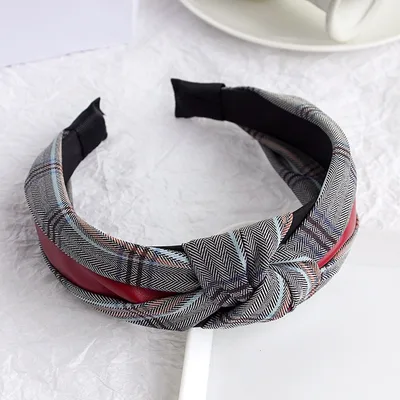 PU Imitation Leather Knotted Wide Side Fashionable Plaid Striped Headband Red - Shop at LoveMi