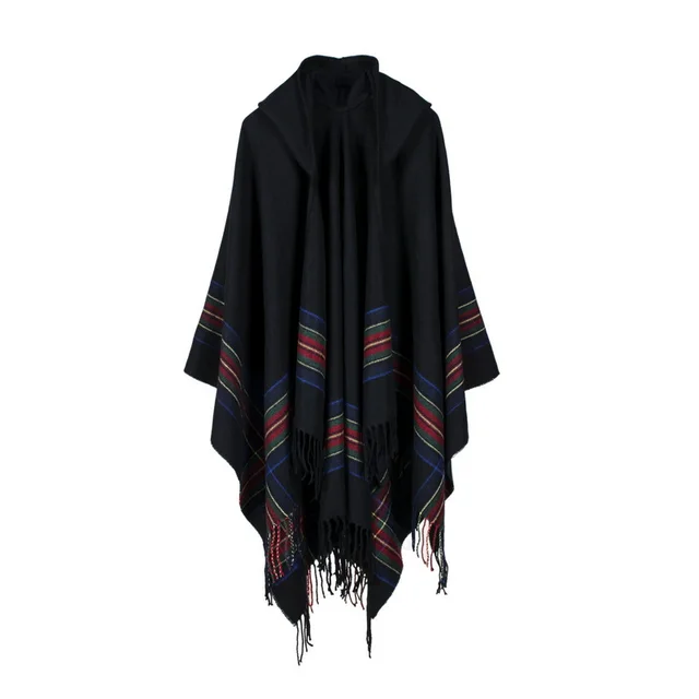 Women's thick color stripsimitation cashmere jacquard shawl can wear warm long fashion hooded cloak Black - Shop at LoveMi