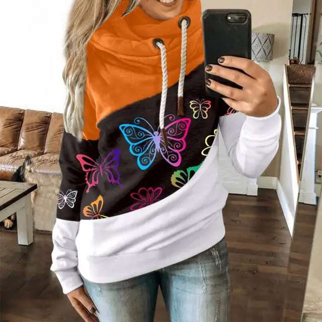 Butterfly print hooded scarf collar fashion sweater Orange - Shop at LoveMi