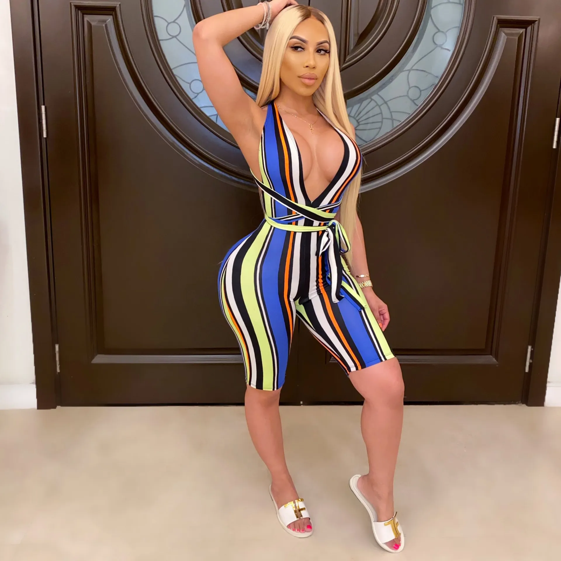 Colorful striped tie sports jumpsuit - Colorful A