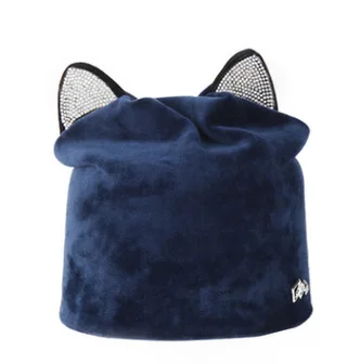 Autumn Winter Women's Beanies Cat Hat Ladies Warm Velvet Skullies With Flashing Rhinestone Ear Flaps Girls Cute Bonnet Touca - Navy