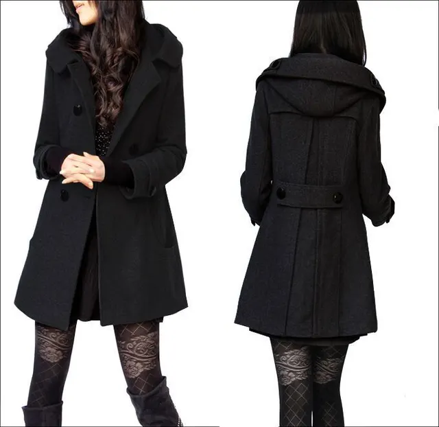 Ladies double breasted hooded coat Black - Shop at LoveMi