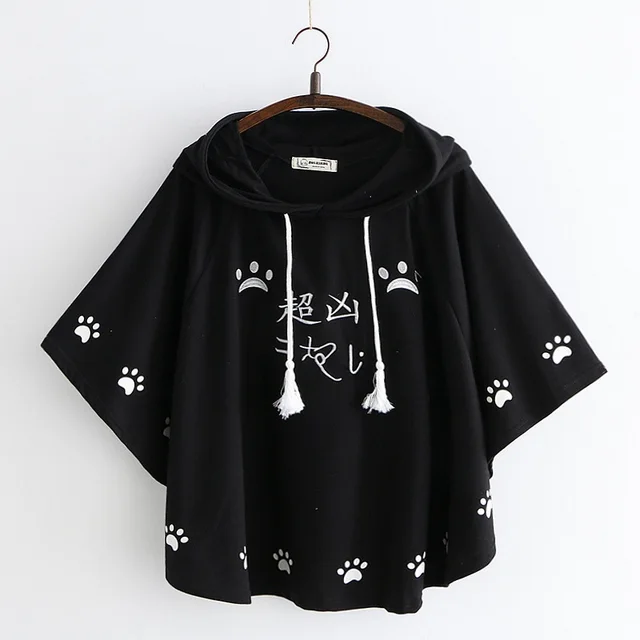 Cartoon cat paw print cape shawl T shirt Black - Shop at LoveMi