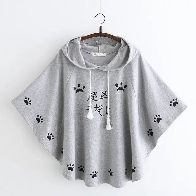 Cartoon cat paw print cape shawl T shirt Grey - Shop at LoveMi