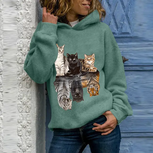 Long Sleeve Turtleneck Animal Print Crew Neck Hoodie Green - Shop at LoveMi