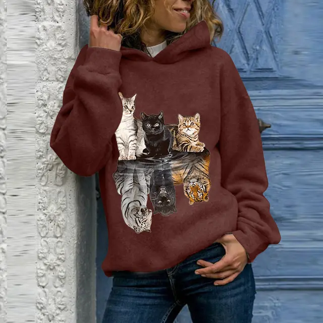 Long Sleeve Turtleneck Animal Print Crew Neck Hoodie Wine Red - Shop at LoveMi