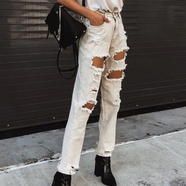 Ladies Jeans Ripped Holes Show Thin Slim Fit Ladies Jeans Trousers Beige - Shop at LoveMi