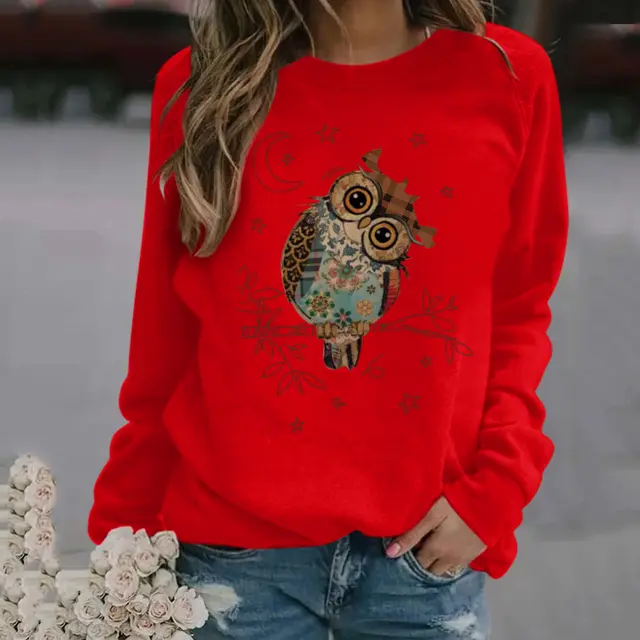 Pattern Printing Long Sleeved Round Neck Sweater Women Red - Shop at LoveMi