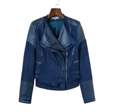 Spliced Faux Leather Suede Jacket Women Black Moto Coat Punk Camel Suede jaquetas couro Casaco chaquetas PU Slim Jacket Navy - Shop at LoveMi