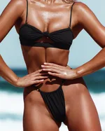 Women's chest knotted split swimsuit - Black