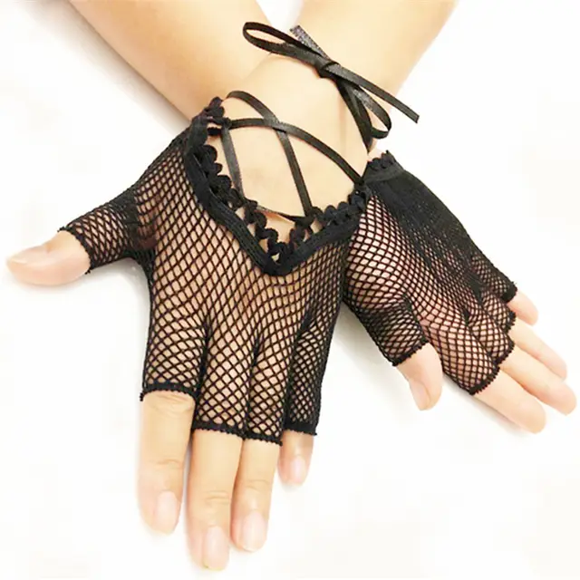Cross cut Fishnet Half finger Gloves With Ribbon Black - Shop at LoveMi