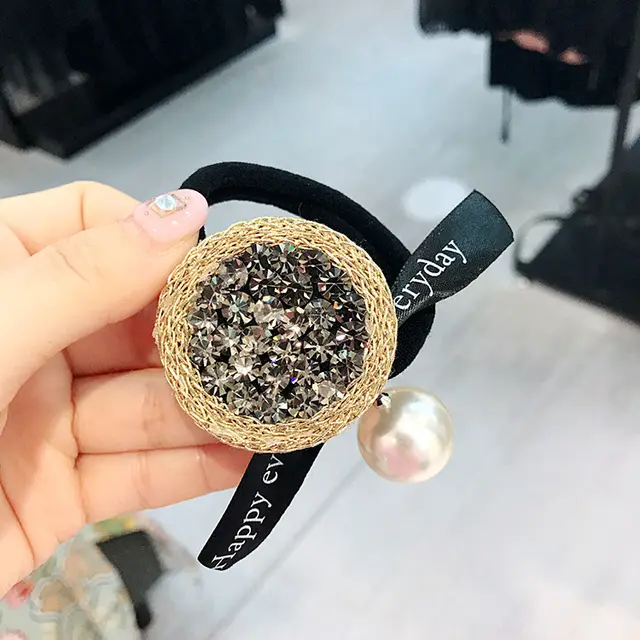 Round rhinestone pearl hair rope Grey - Shop at LoveMi