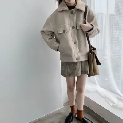 Lamb fur collar padded short woolen coat Beige - Shop at LoveMi