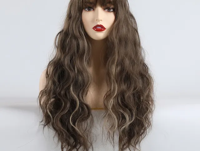 Brown mixed color long bangs curly hair Brown - Shop at LoveMi