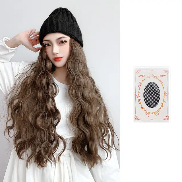 Wig Hat Integrated Knitting Wool Hat Long Curly Hair Water Ripple Black - Shop at LoveMi