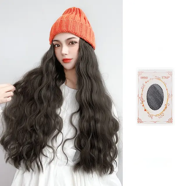 Wig Hat Integrated Knitting Wool Hat Long Curly Hair Water Ripple Orange - Shop at LoveMi