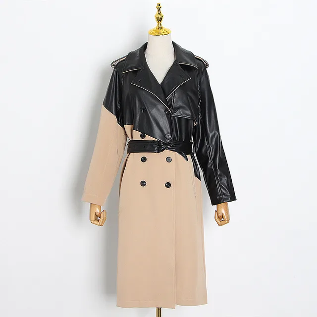 Suit collar stitching leather trench coat over the knee Khaki - Shop at LoveMi
