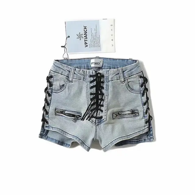 Heavy Industry Lace Up Denim Shorts Women European And American Trend Women's Pants Light Blue - Shop at LoveMi