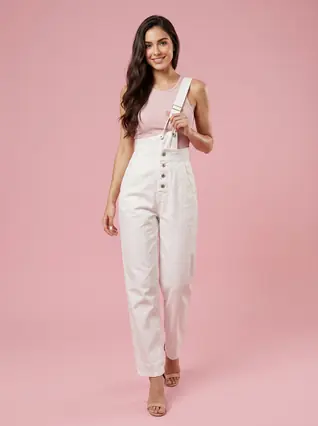 Women's White Slim One-shoulder Denim Overalls - White