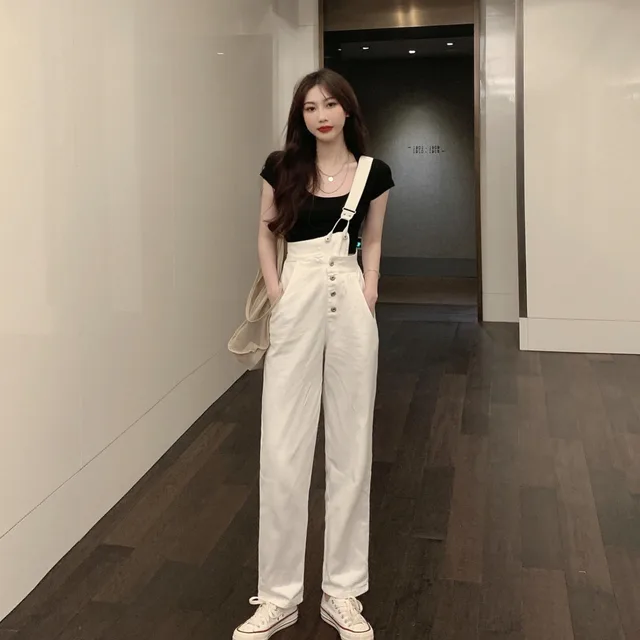 Women's White Slim One shoulder Denim Overalls White - Shop at LoveMi