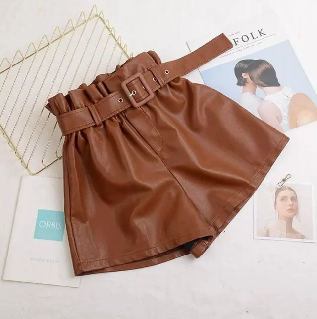 Pu female autumn and winter elastic waist high waist leather shorts Brown - Shop at LoveMi