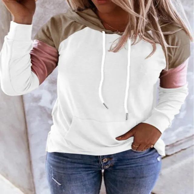 Ladies Loose Casual Color Matching Hooded Sweater White - Shop at LoveMi