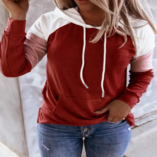 Ladies Loose Casual Color Matching Hooded Sweater Wine Red - Shop at LoveMi