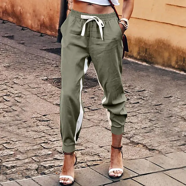 Solid Color Stitching Elastic Lace Up Slacks Army Green - Shop at LoveMi