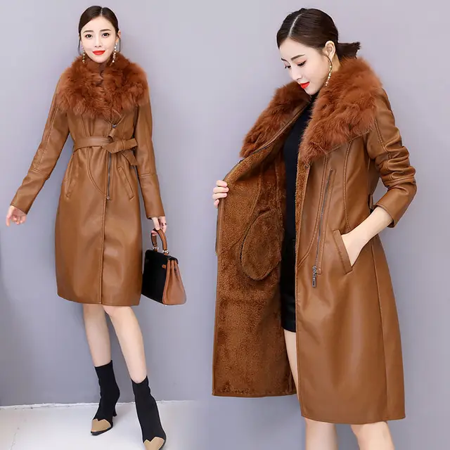 Velvet Warm Long Leather Jacket Caramel - Shop at LoveMi