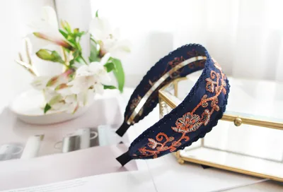 Embroidered lace headband Navy Blue - Shop at LoveMi