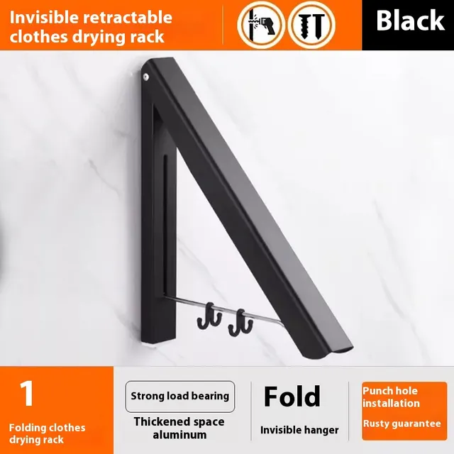 Punch free Space Aluminum Foldable Invisible Folding Retractable Wall Hanger for Waterproof Hanging Underwear Coat Hanger Black - Shop at LoveMi
