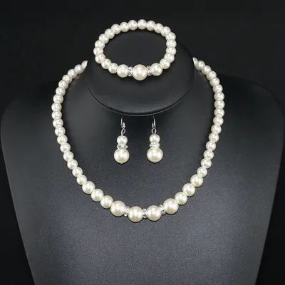Three piece Pearl Necklace Bracelet And Earrings Default - Shop at LoveMi
