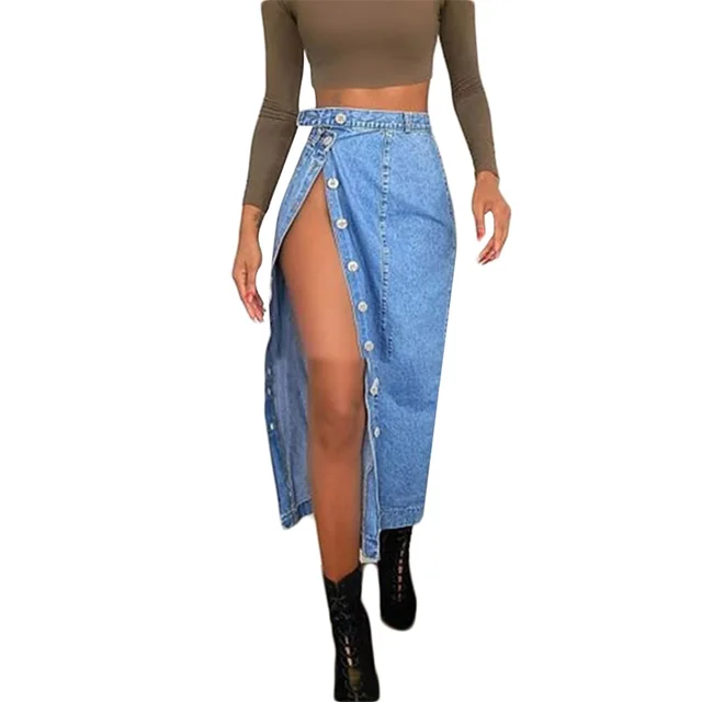 European and American casual denim skirt split hip skirt Blue - Shop at LoveMi
