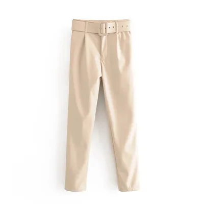 Women's solid color PU leather trousers Beige - Shop at LoveMi