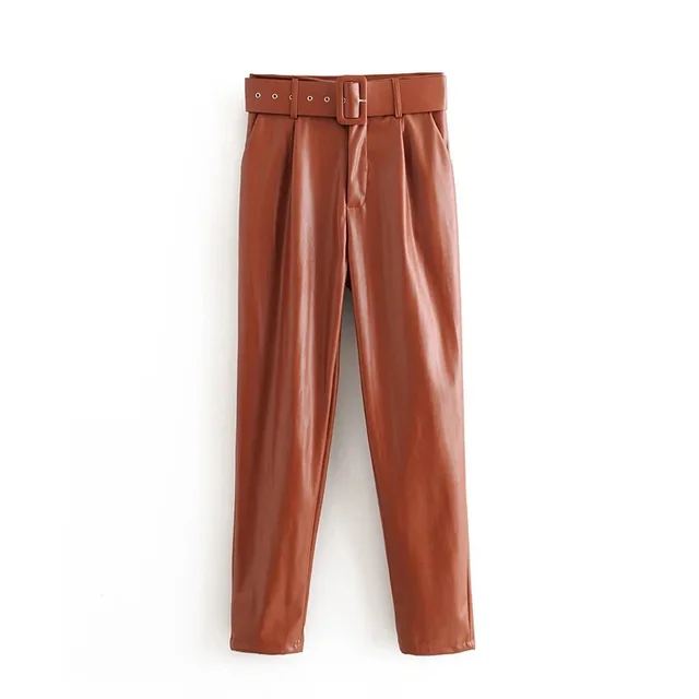 Women's solid color PU leather trousers Coffee - Shop at LoveMi
