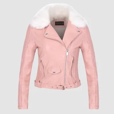 DETACHABLE FUR COLLAR WARM FAUX LEATHER JACKET Pink - Shop at LoveMi