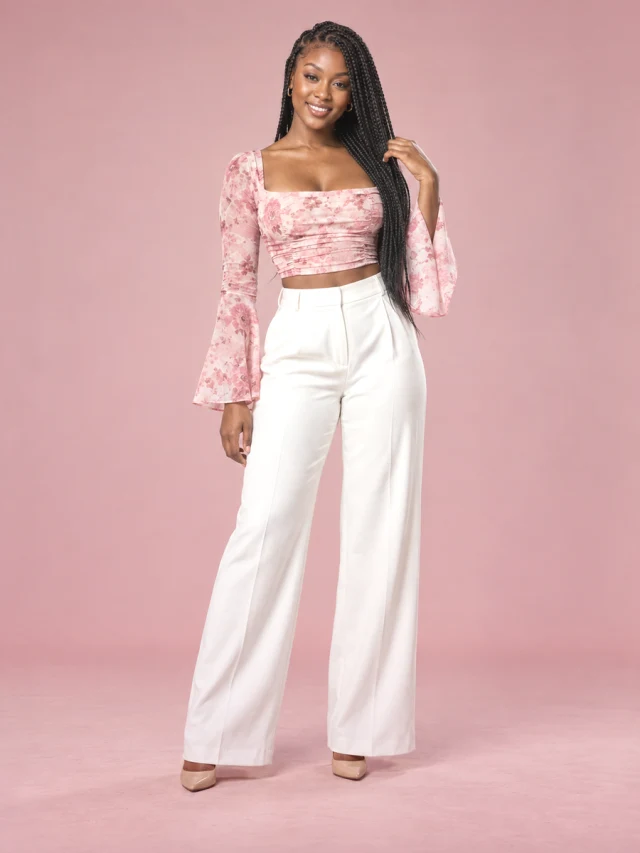 Pink Rose Tie Dye Flare Sleeve Crop Top Square Neck Ruched Sheer Blouse - Shop at LoveMi