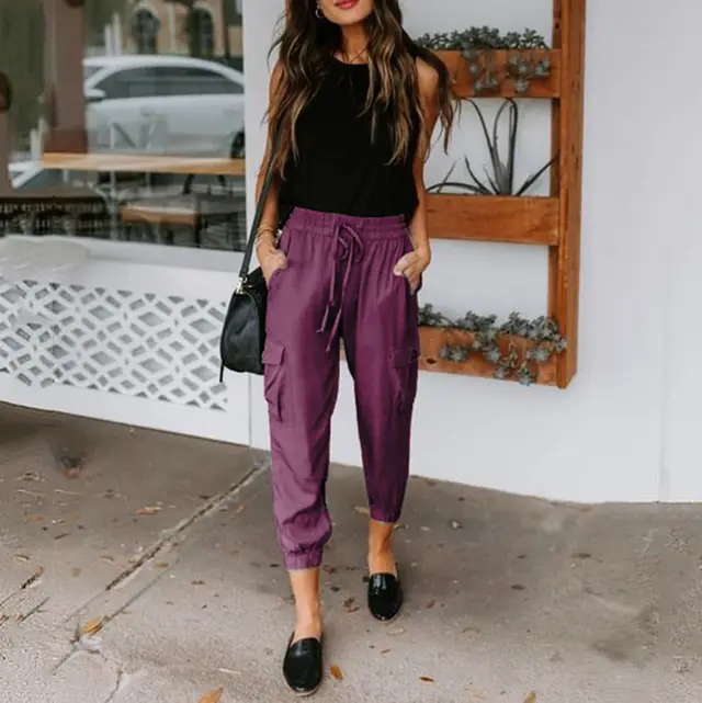 Solid Color Loose Trousers Pocket Drawstring Purple - Shop at LoveMi