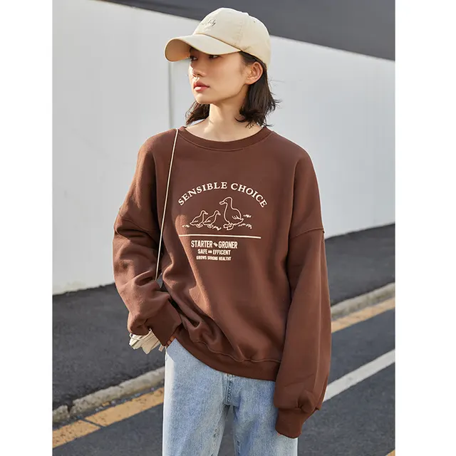 Lovely Cartoon Embroidered Sweatshirt Lady Add Velvet Brown - Shop at LoveMi