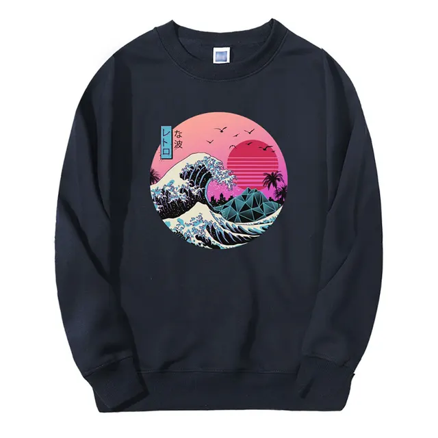 The Great Retro Wave Japanese Anime Crew Neck Sweater Black - Shop at LoveMi