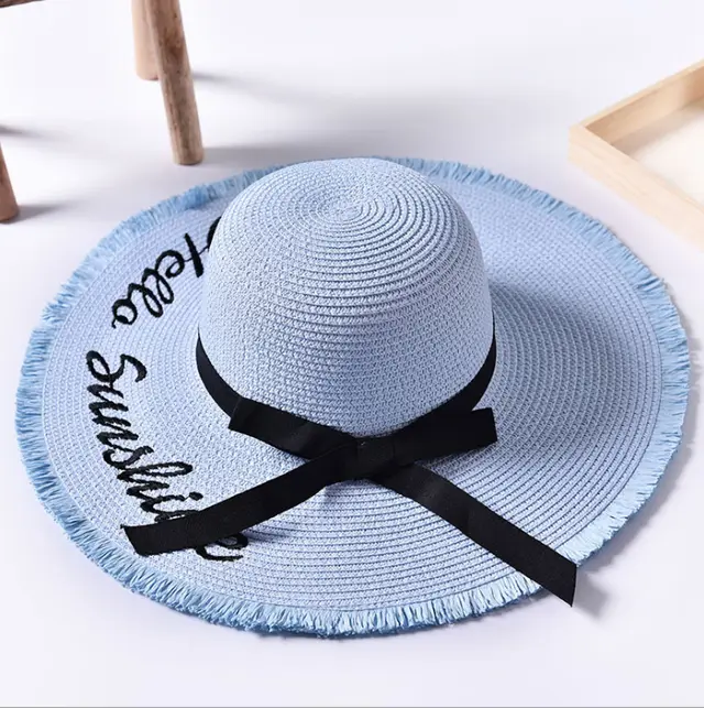 Beach beach big hat embroidered letters raw edge sun hat Sky Blue - Shop at LoveMi